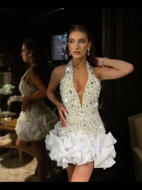 Embellished Halter Mini Dress in White